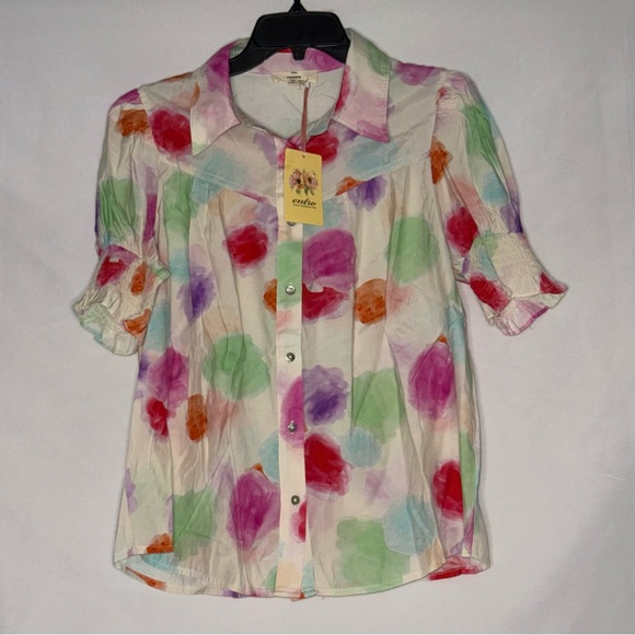 Entro Abstract Print Short Puff Sleeve Button-Down Blouse Small NWT | Trendy - Picture 2 of 5